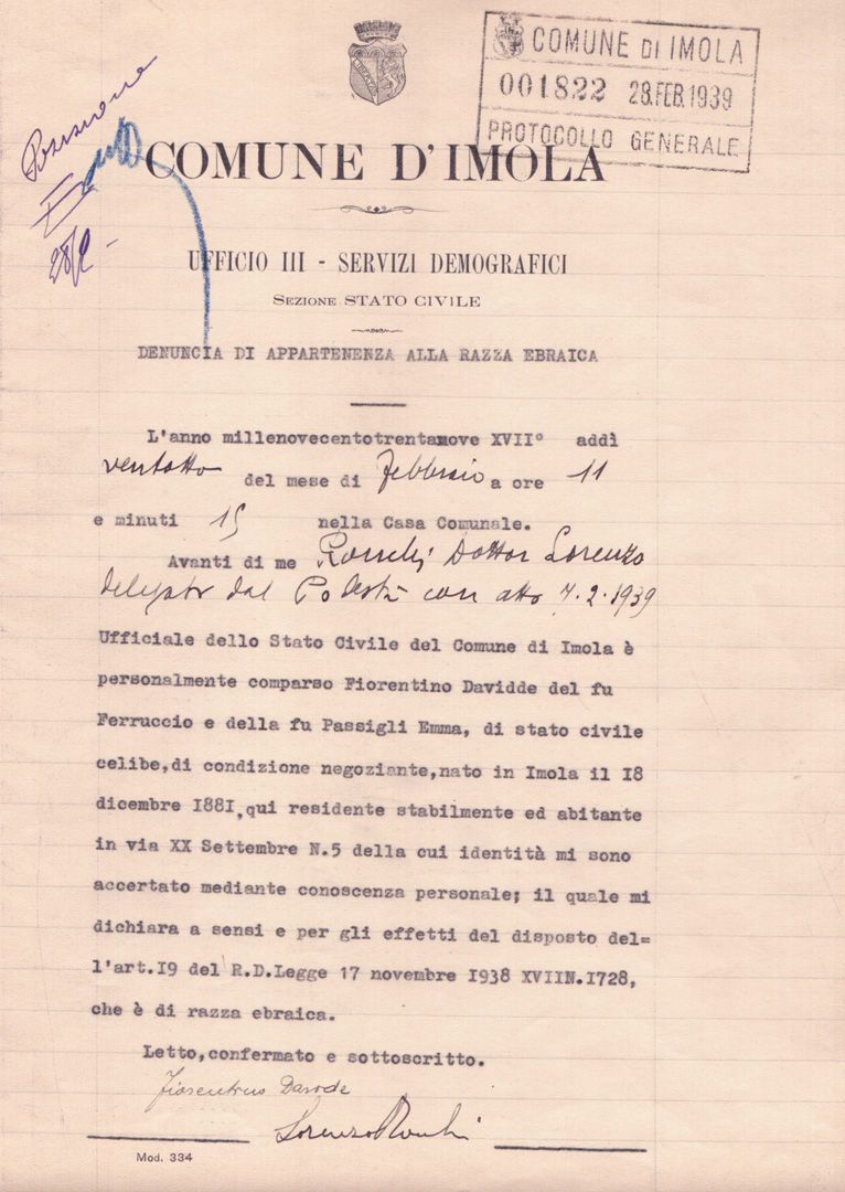 5. La dichiarazione di razza di Fiorentino Davide ebreo imolese (Archivio Cidra, Fondo Ezio Serantoni)