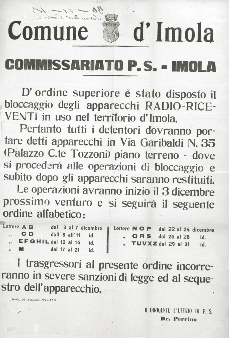 6. Imola, 27 novembre 1943, manifesto con l’ordine di bloccaggio apparecchi radio (Bim)