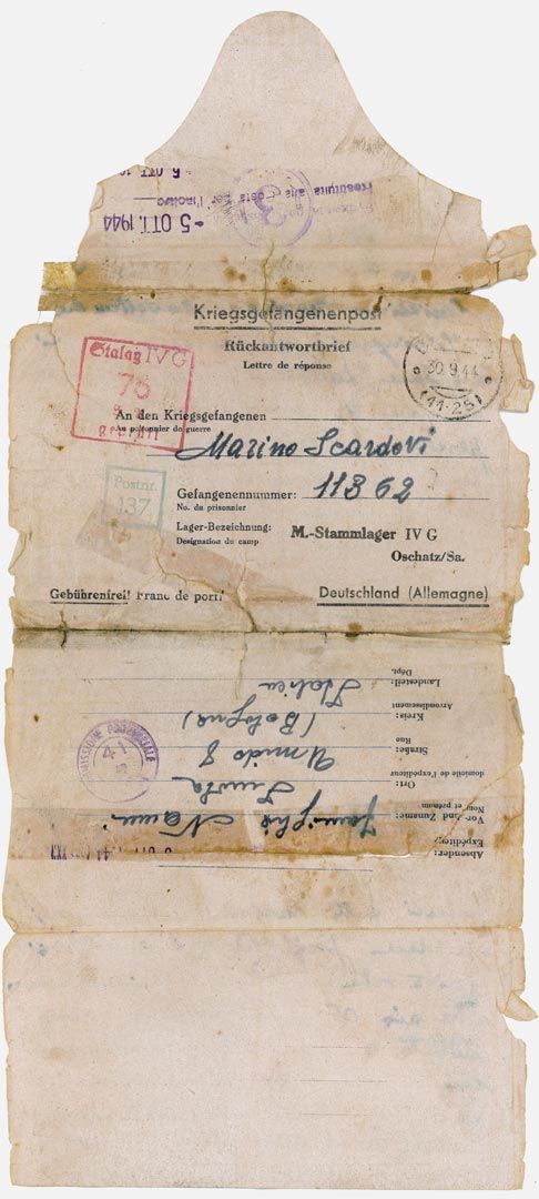 2. Lettera inviata dalla famiglia Nanni all’internato militare Marino Scardovi detenuto nello Stalag IV G a Oschatz in Germania (Archivio Cidra, Fondo Marino Scardovi)