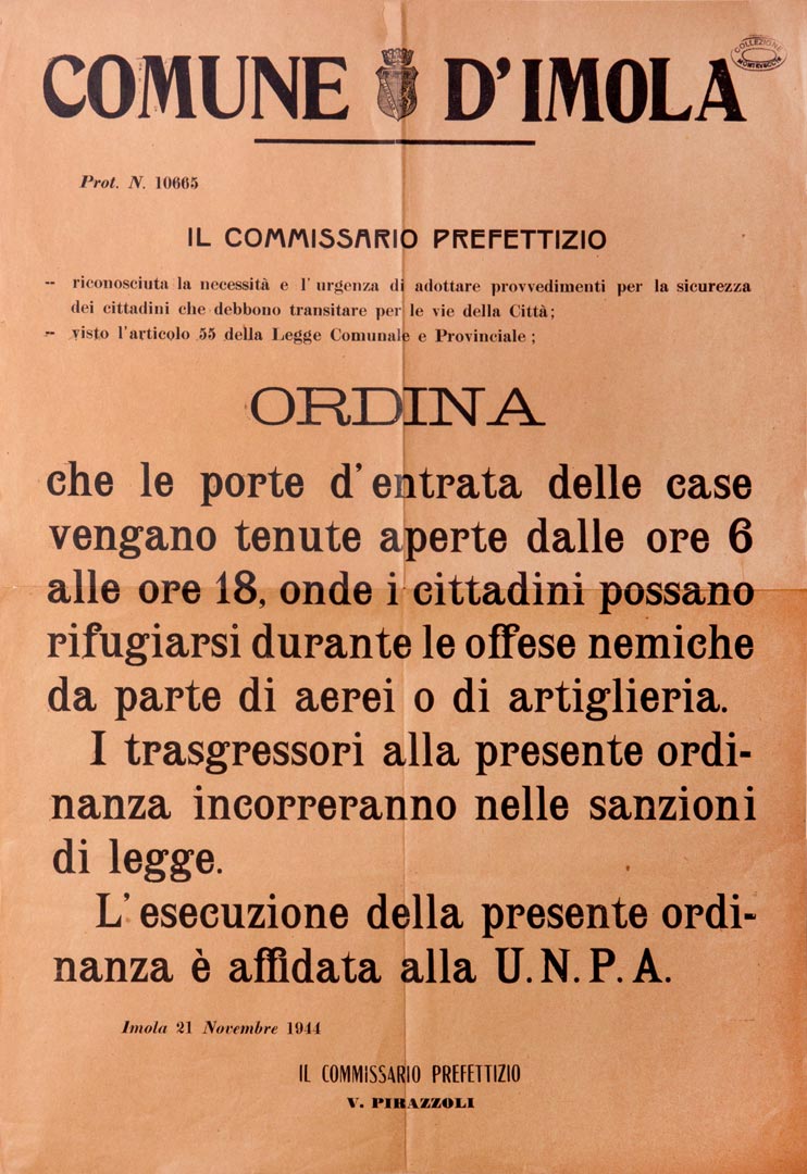 4. Imola, 21 novembre 1944, Manifesto che ordina ai cittadini di tenere le porte aperte in caso di bombardamento (Archivio Cidra, Fondo Montevecchi)