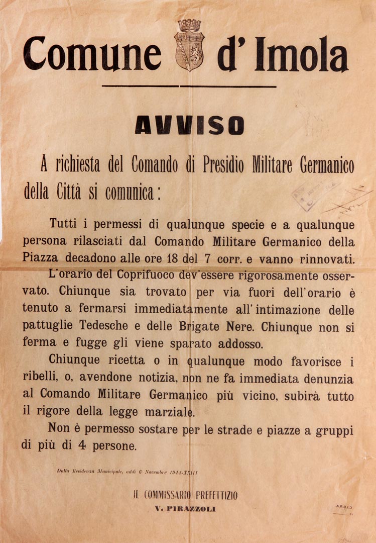 7. Imola, 6 novembre 1944, manifesto relativo al rilascio dei permessi durante il coprifuoco (Cidra)