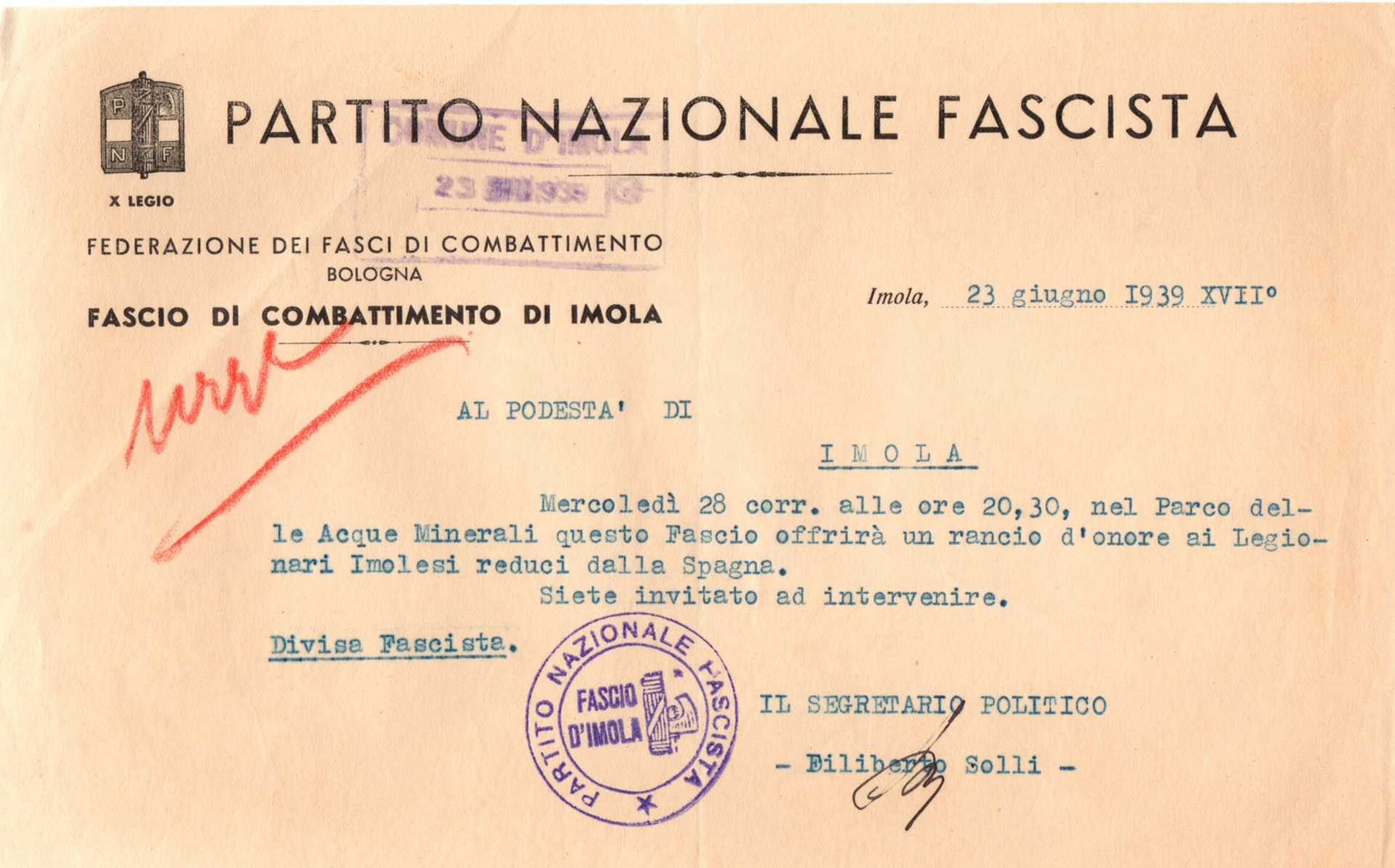 2. Imola, 23 giugno 1939, invito al rancio d’onore ai Legionari imolesi reduci dalla Spagna (Archivio Cidra, Fondo Ezio Serantoni)